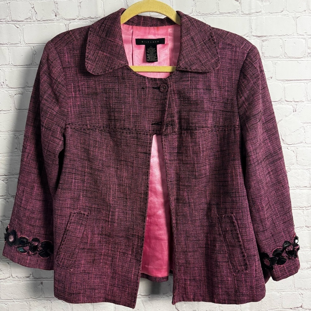 Silkland Vintage Y2k ladies pink and black textured blazer cotton linen size LG